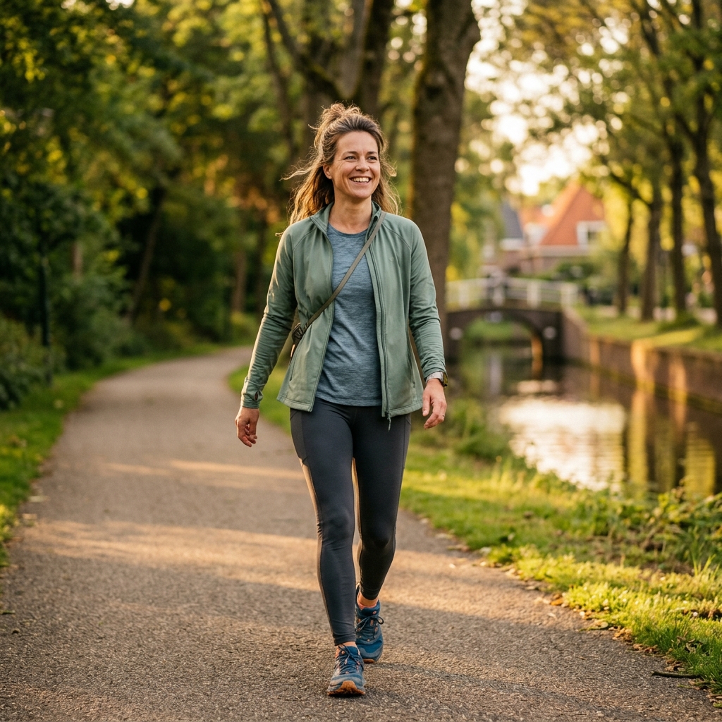 Diana walking outside in a park